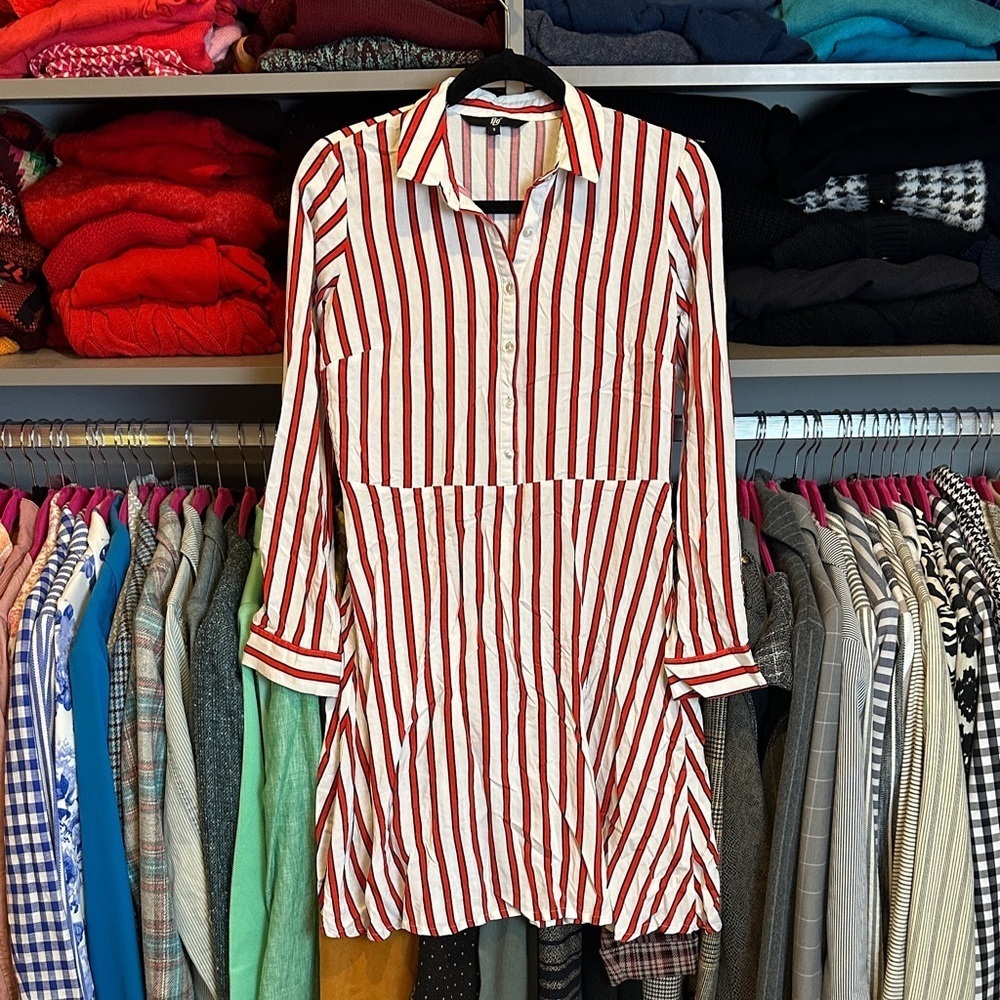 Fig white/red/black striped long sleeve button front dress size S